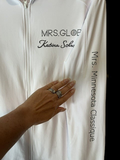 Mrs. Globe Custom White Jacket in Rhinestones