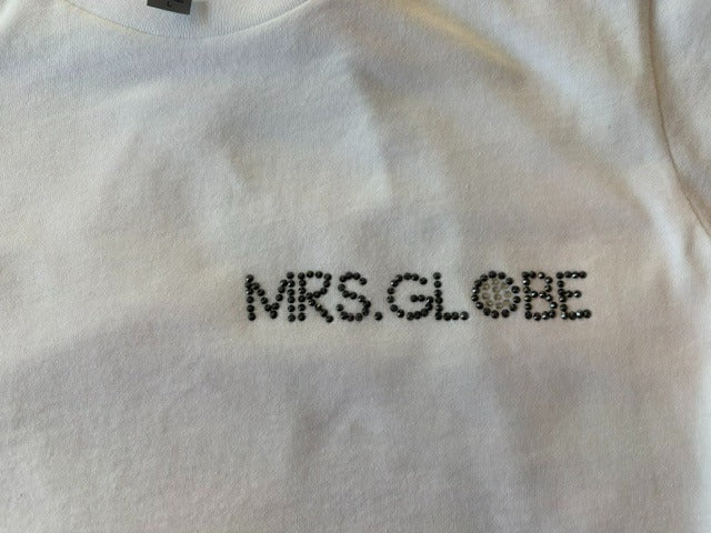 Mrs. Globe Logo T-Shirt with Black Rhinestones -- Short Sleeve, White Fitted Tee