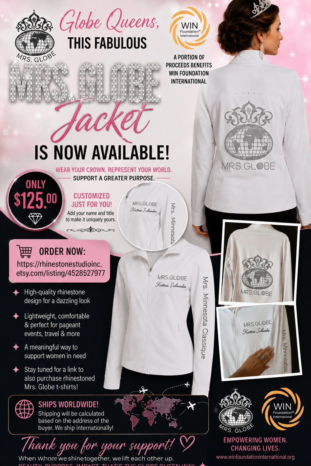 Mrs. Globe Custom White Jacket in Rhinestones