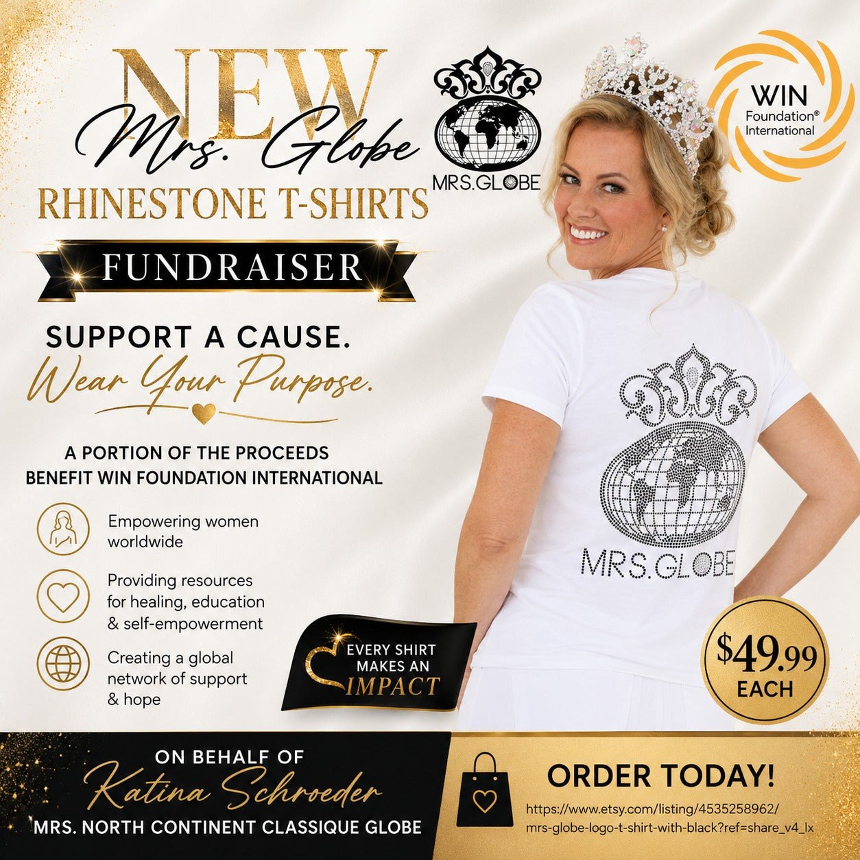 Mrs. Globe Logo T-Shirt with Black Rhinestones -- Short Sleeve, White Fitted Tee