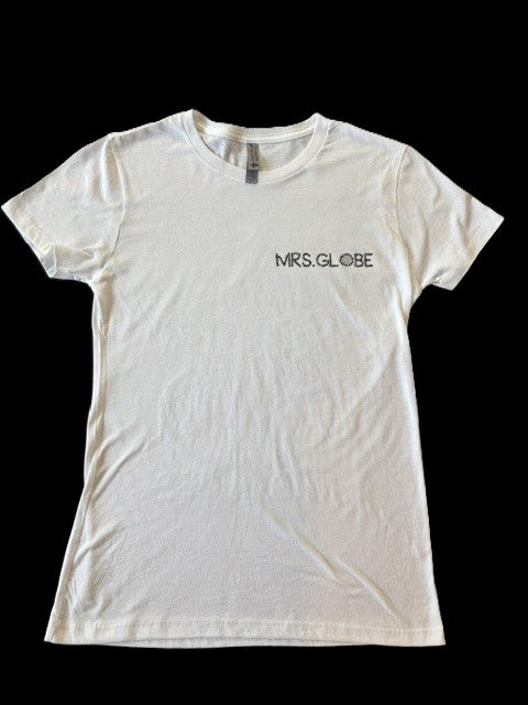 Mrs. Globe Logo T-Shirt with Black Rhinestones -- Short Sleeve, White Fitted Tee