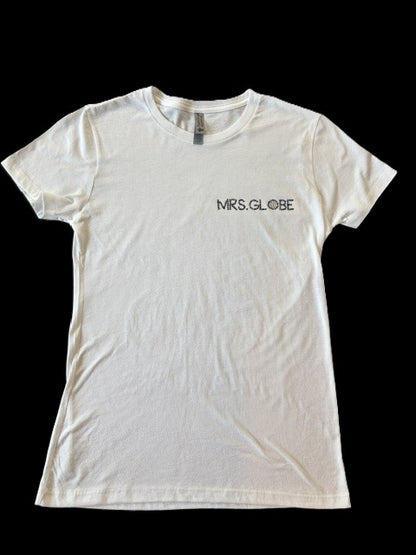 Mrs. Globe Logo T-Shirt with Black Rhinestones -- Short Sleeve, White Fitted Tee