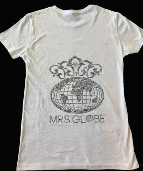 Mrs. Globe Logo T-Shirt with Black Rhinestones -- Short Sleeve, White Fitted Tee