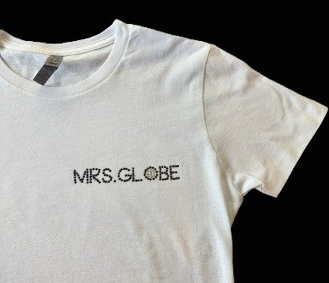 Mrs. Globe Logo T-Shirt with Black Rhinestones -- Short Sleeve, White Fitted Tee