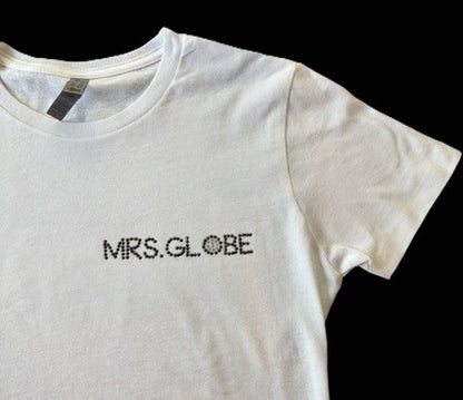 Mrs. Globe Logo T-Shirt with Black Rhinestones -- Short Sleeve, White Fitted Tee